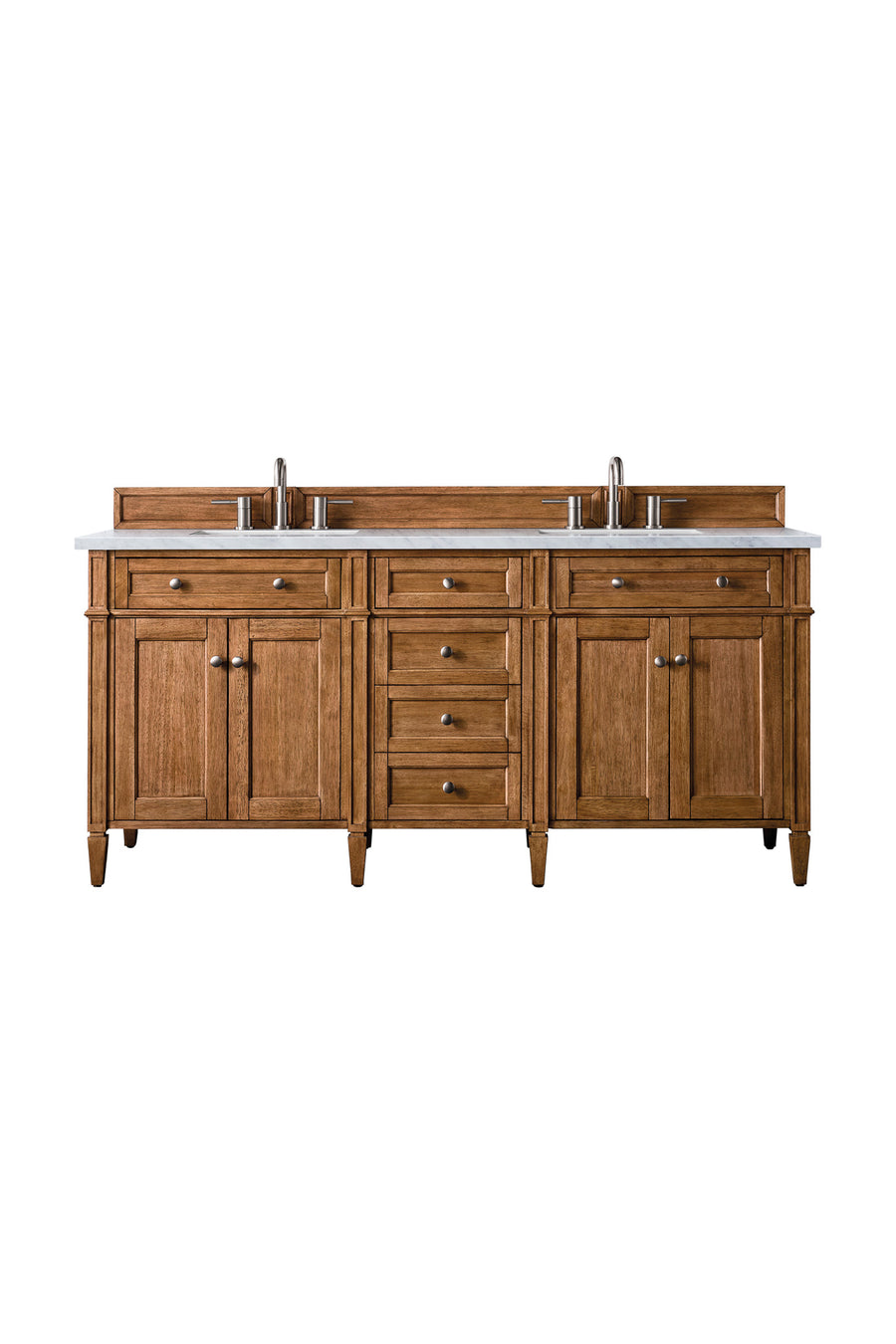 A double sink bathroom vanity with a wooden base, multiple drawers and cabinets, and a white countertop, shown against a plain white background.