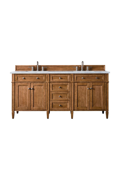 A double sink bathroom vanity with a wooden base, multiple drawers and cabinets, and a white countertop, shown against a plain white background.