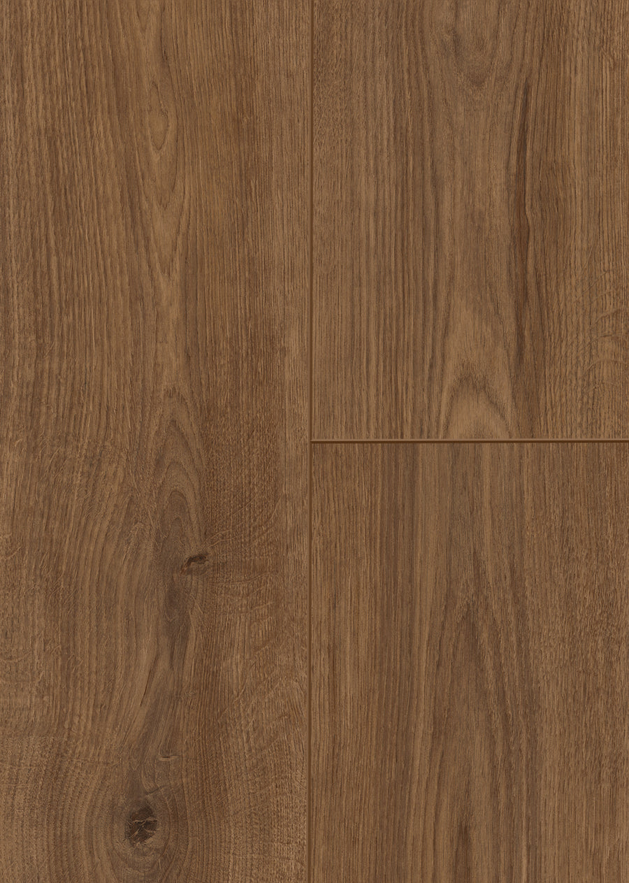 Close-up view of Wild Grove 7.6" Waterproof Laminate in Sassafras, featuring a warm brown finish with natural wood grain patterns and knots across several planks laid side by side.