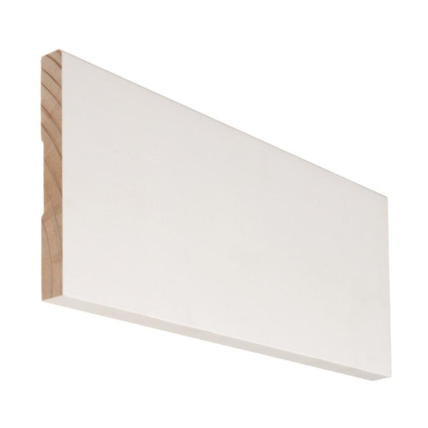 A single piece of Modern White Painted Wood Molding & Trim, rectangular with a low-gloss finish, is angled to show its thickness and one unfinished edge.