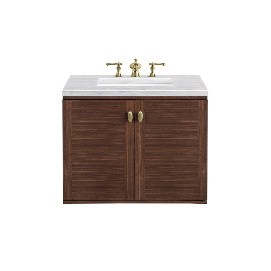 A wooden bathroom vanity with slatted double doors, gold handles, a white countertop, and a brass faucet set against a plain white background.