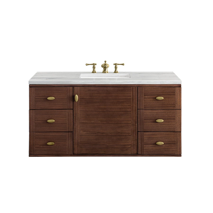 A wooden bathroom vanity with six drawers, gold handles, a white marble countertop, built-in sink, and gold faucet, pictured against a white background.