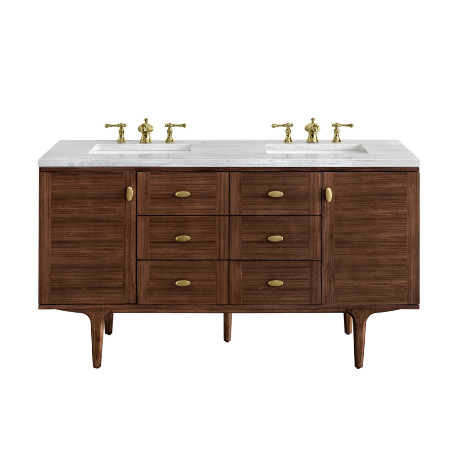 A mid-century modern double sink bathroom vanity with a white countertop, six central drawers, two side cabinets, and brass hardware on a brown wood finish.