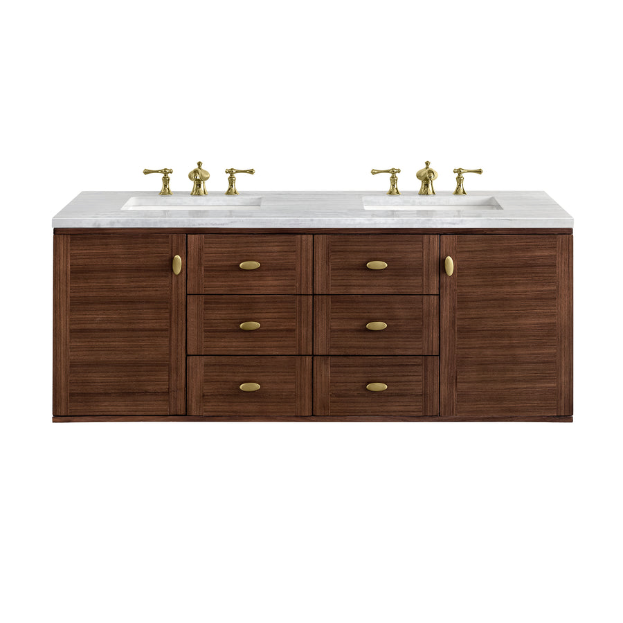 A double-sink bathroom vanity with a white countertop, gold faucets, and a wooden base featuring six central drawers and two side cabinets with gold handles.