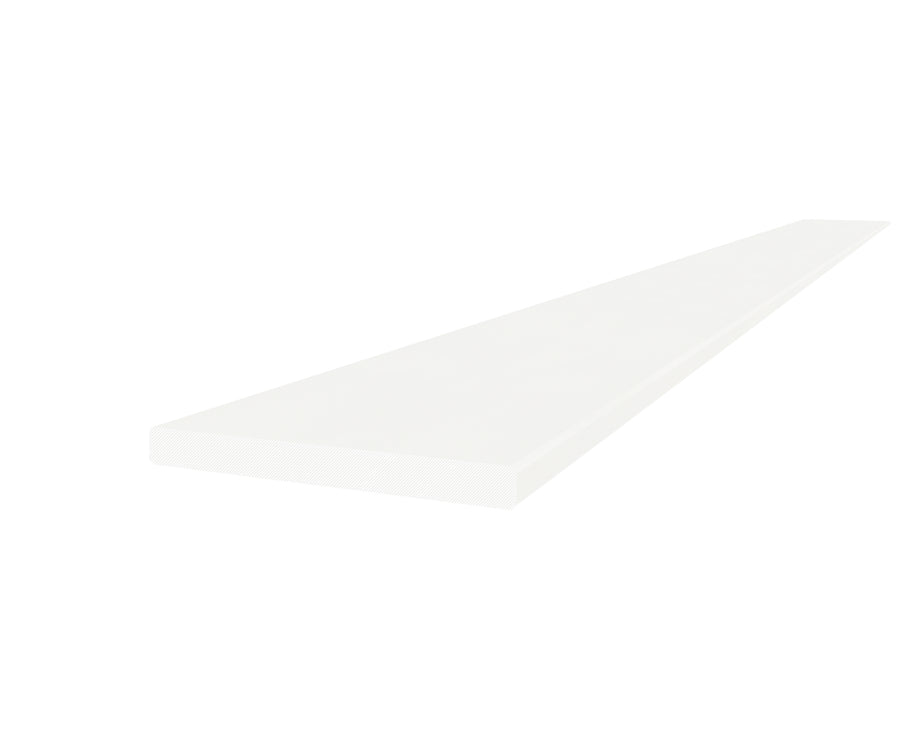 A sturdy, rectangular Square Edge shelf with a durable white surface is shown at an angle, fading into the distance against a plain white background.