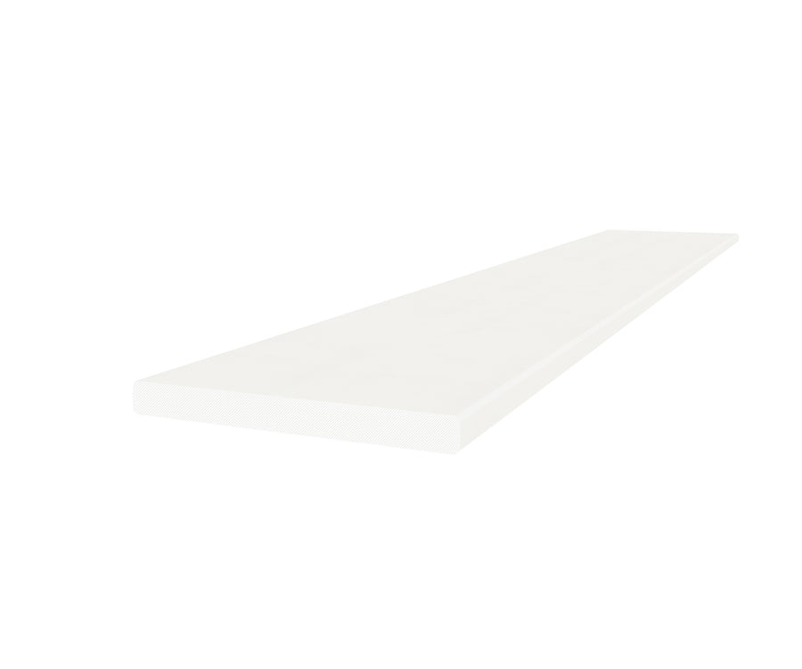 The Square Edge is a long, rectangular white shelf with a durable surface, shown on a plain white background from an angle that highlights its length and thickness.