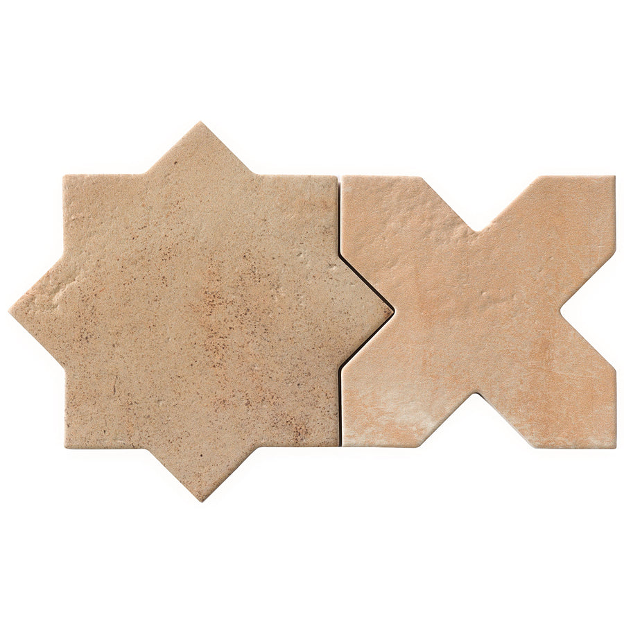 Two tan Morocco Star & Cross Porcelain Tiles are placed side by side on a white background.