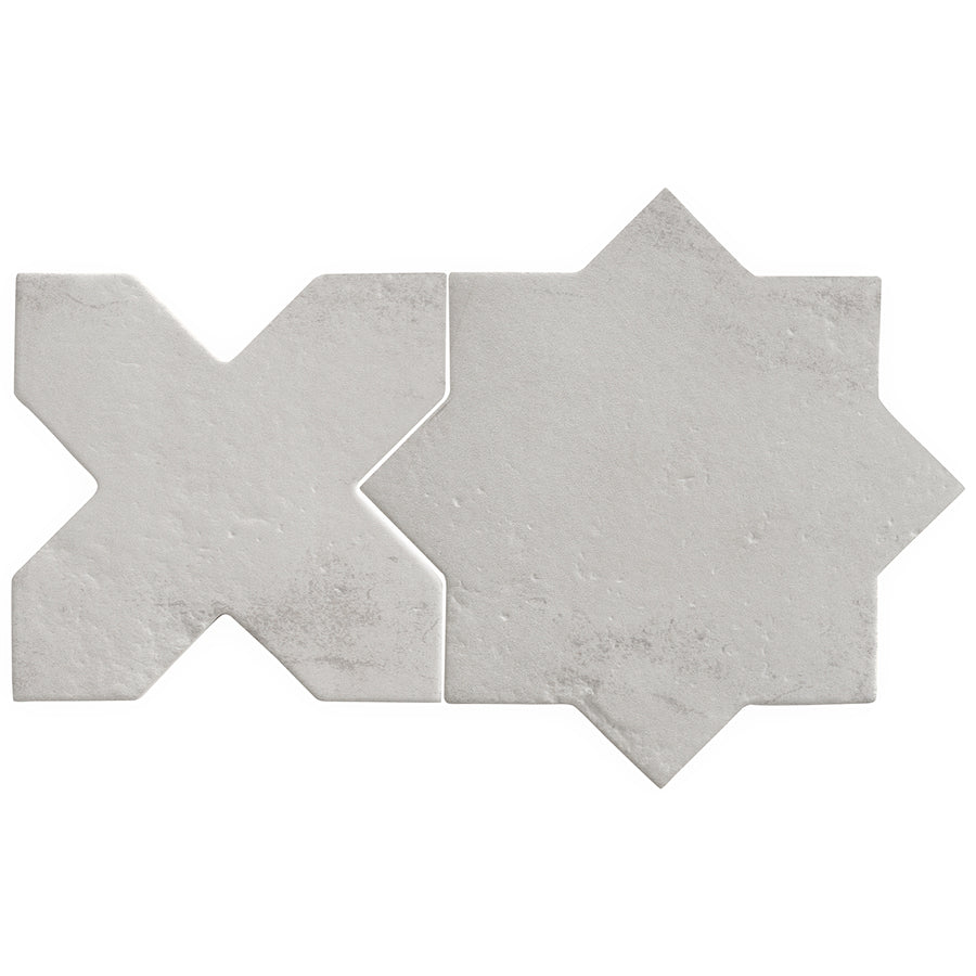 The Morocco Star & Cross Porcelain Tile set includes one X-shaped and one 8-pointed white tile with a textured matte finish, bringing premium elegance and character to any space.