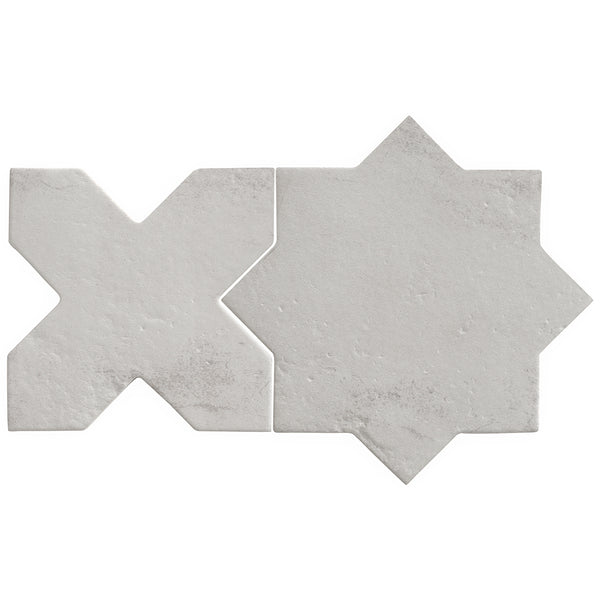 The Morocco Star & Cross Porcelain Tile set includes one X-shaped and one 8-pointed white tile with a textured matte finish, bringing premium elegance and character to any space.