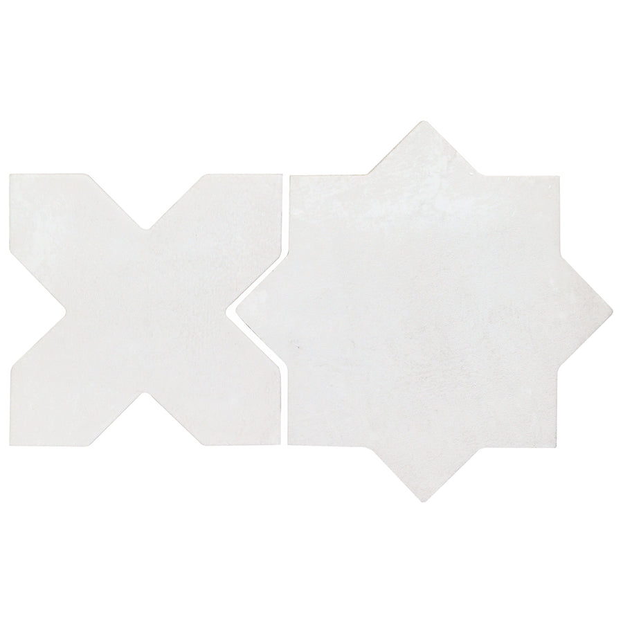 Two white Morocco Star & Cross Porcelain Tiles, one in an X shape and the other as an eight-pointed star, are displayed side by side on a plain white background, highlighting their premium design.