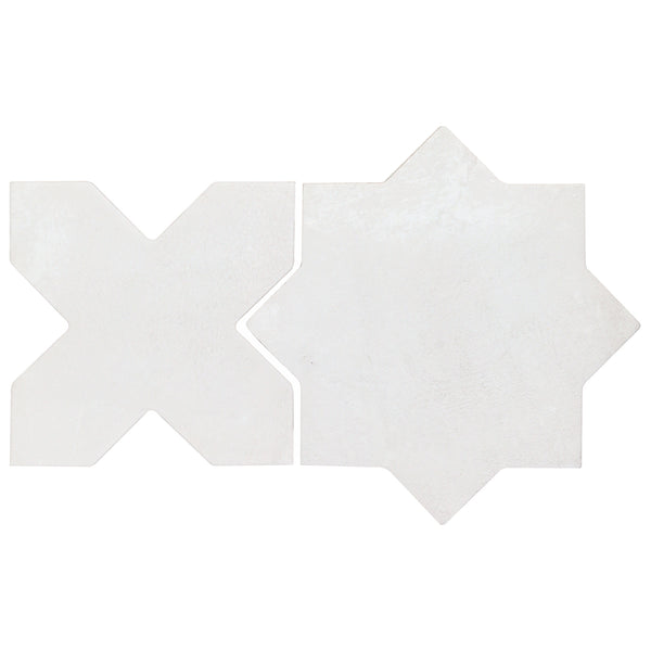 Two white Morocco Star & Cross Porcelain Tiles, one in an X shape and the other as an eight-pointed star, are displayed side by side on a plain white background, highlighting their premium design.