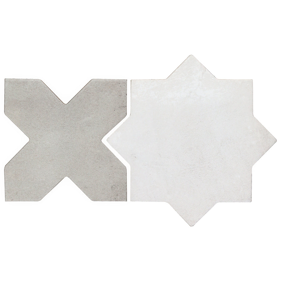 Two tiles are side by side: the left is a gray, matte X-shaped tile, and the right is a white Morocco Star & Cross Porcelain Tile. Both feature premium design and matte finish, set against a white background.