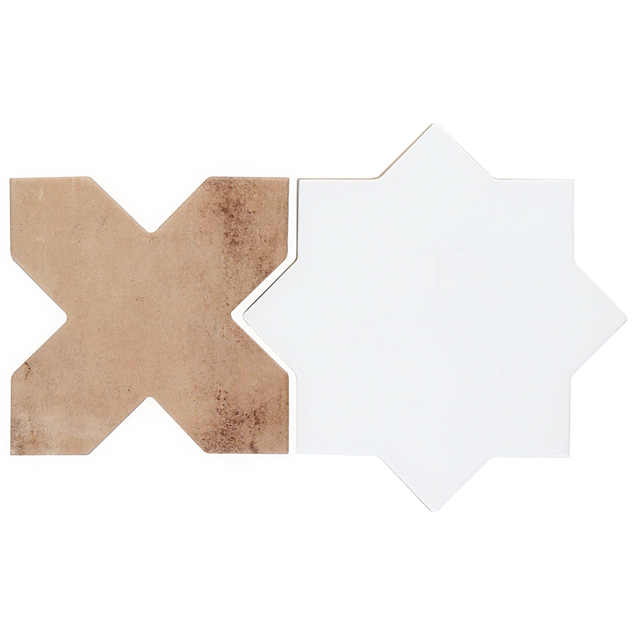 Two tile pieces are shown side by side: one is an X-shaped, matte brown rustic tile; the other is the Morocco Star & Cross Porcelain Tile, which features a smooth surface and an eight-point white star design.