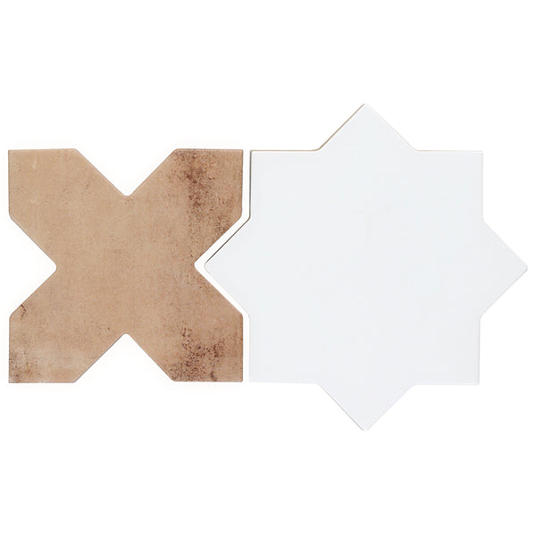 Two tile pieces are shown side by side: one is an X-shaped, matte brown rustic tile; the other is the Morocco Star & Cross Porcelain Tile, which features a smooth surface and an eight-point white star design.