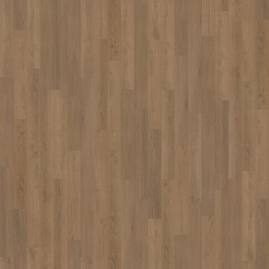 Pacifica 7 11/16" Waterproof Laminate in Estuary Oak features a seamless, staggered plank pattern with natural grain detail in warm brown tones, offering stylish design and moisture resistance.