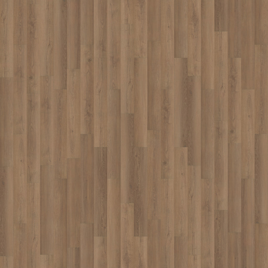 Pacifica 7 11/16" Waterproof Laminate in Surfwood features medium brown planks with visible grain and knots, arranged in a staggered pattern for a rustic look. This laminate flooring offers natural style plus moisture resistance.
