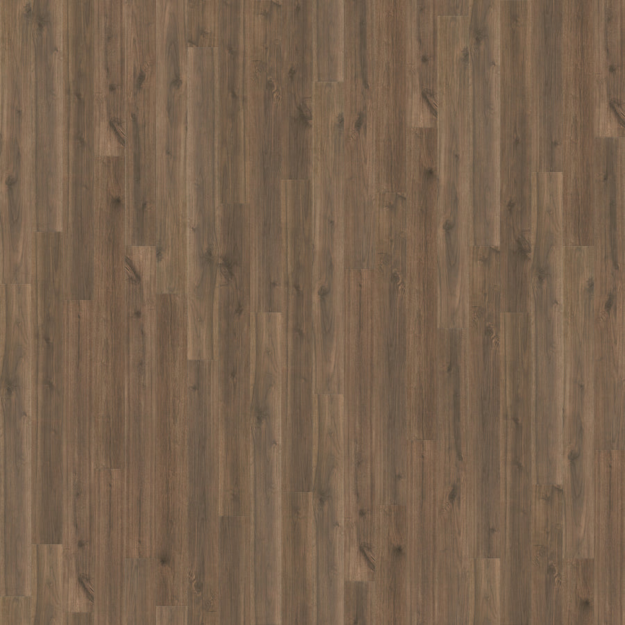 A close-up of Santa Cruz 9 3/8" Waterproof Laminate in Misty Wood, featuring long, narrow planks in a staggered layout with medium brown tones, visible grain, knots, natural texture, and scratch-resistant durability.