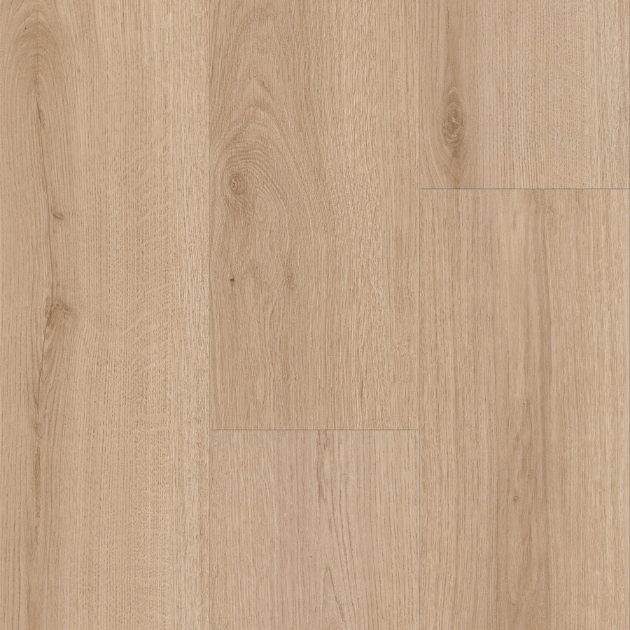 Santa Cruz 9 3/8" Waterproof Laminate in Rockaway features light oak tones with visible grain and natural knots, a smooth matte finish, subtle plank seams, and scratch-resistant durability for daily use.