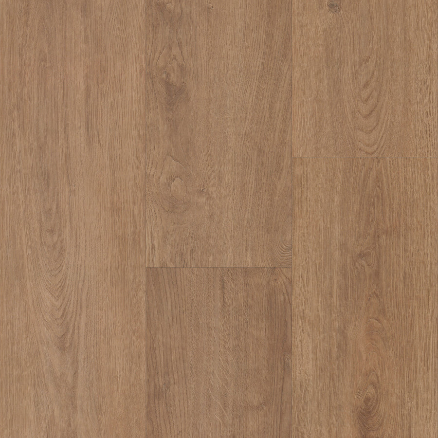 Close-up view of Santa Cruz 9 3/8" Waterproof Laminate in Belmont Bluffs: light brown wood finish with visible grain and natural knots, delivering a warm, rustic look—ideal for durable, scratch-resistant flooring.