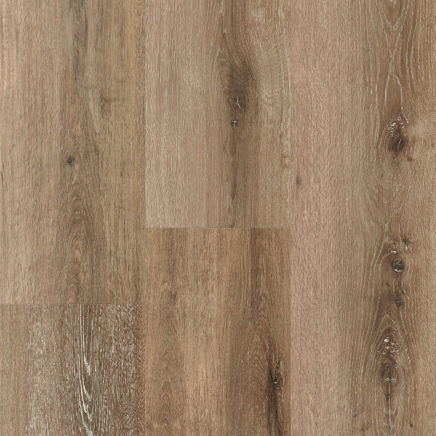 Close-up of Santa Cruz 9 3/8" Waterproof Laminate in Aged Hickory, featuring visible natural grain and knots. Planks are arranged in a staggered pattern with a smooth, matte finish for a warm, rustic look.