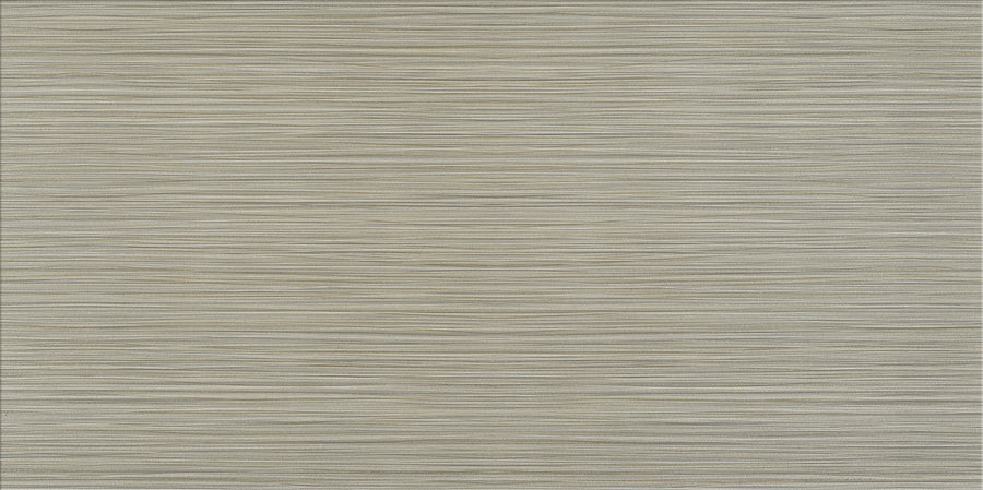 The Linea 12" x 24" Ceramic Tile in Thyme features a textured surface with horizontal wavy beige and light gray lines, creating a subtle striped, neutral look—ideal for minimalistic contemporary interiors.