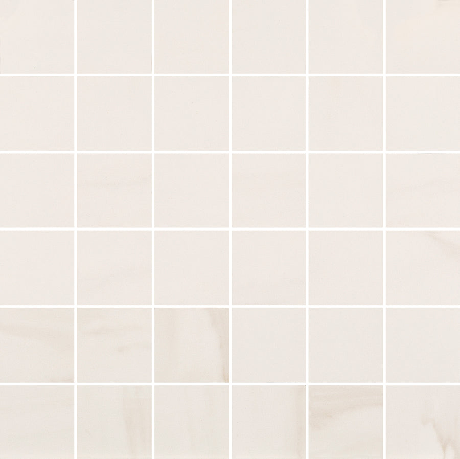 Lunara Haze 2" x 2" Mosaic Tile in Natural features a grid of light beige tiles with subtle marble-like veining and white grout, creating a clean, uniform look—perfect for accent walls or stylish backsplashes.
