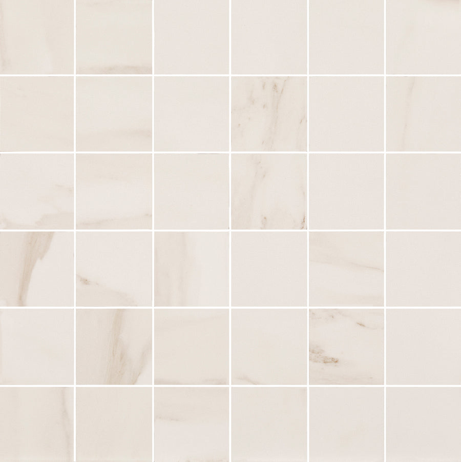 Lunara Haze 2" x 2" Mosaic Tile features polished, light beige squares with subtle marble-like veining and thin white grout lines—ideal for backsplashes or accent walls.