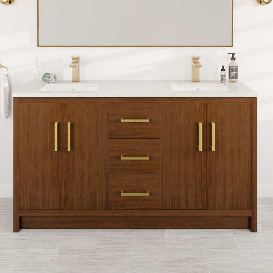 The Curio 60″ Vanity in Walnut features a wooden double-sink design with gold handles, four central drawers, and two cabinet doors on each side. It is topped with a white Carrara Quartz countertop and includes two faucets.