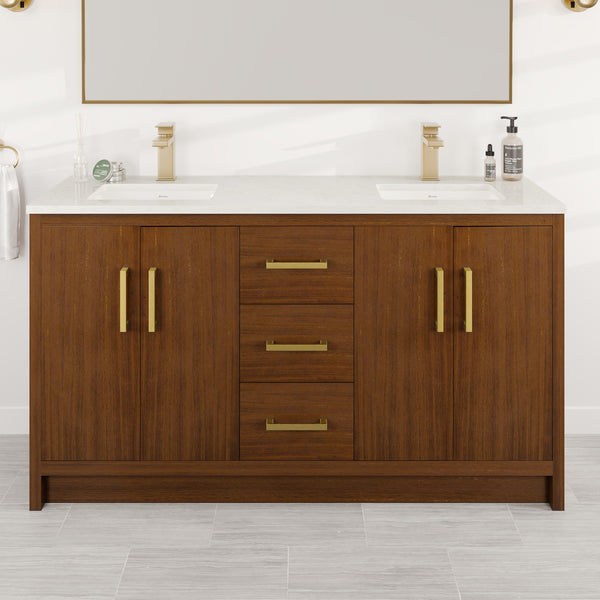 The Curio 60″ Vanity in Walnut features a wooden double-sink design with gold handles, four central drawers, and two cabinet doors on each side. It is topped with a white Carrara Quartz countertop and includes two faucets.
