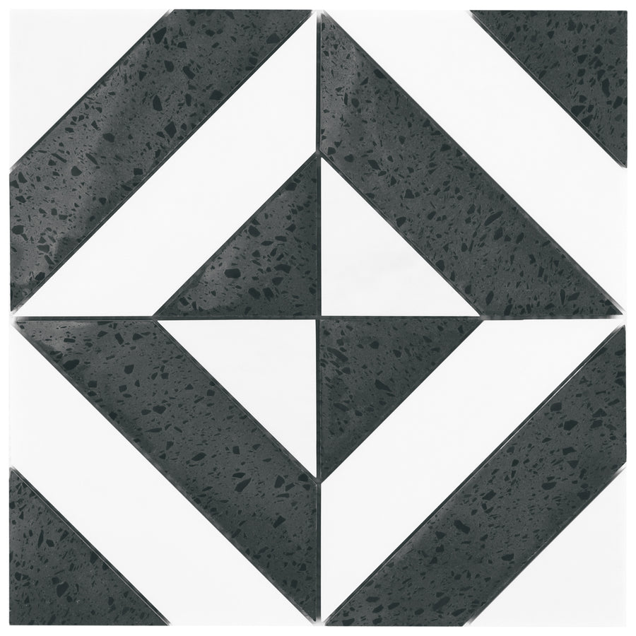 Zenith features a bold geometric pattern of black and white triangles and parallelograms forming arrows and diagonals, elevated by luxurious marble for a modern, abstract tile design.