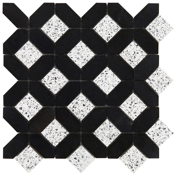 Zenith features black geometric shapes forming interlocking squares, with luxe marble decor and white speckled diamond centers. The black and white marble tiles create a repeating, visually striking grid pattern.