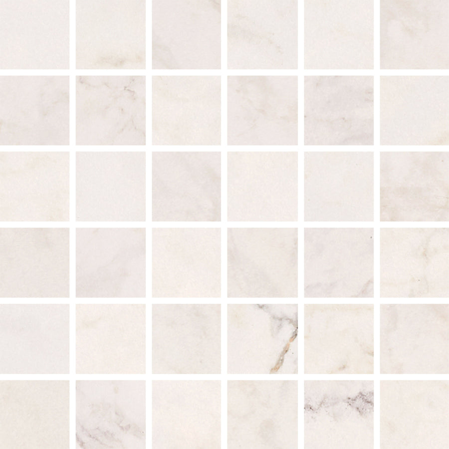 The Tuscany Ora 2" x 2" Mosaic Tile features a polished finish and subtle gray veining, arranged in a clean 6 by 6 grid with white grout lines for a sleek, geometric look.