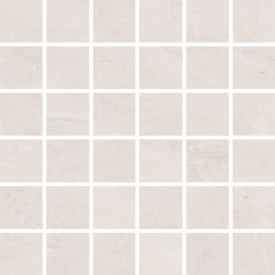 A grid of Veil 2" x 2" Mosaic Tiles in White Polished, each with subtle tonal variations and faint marbling, separated by white grout lines, creates a clean geometric design ideal for an accent wall.
