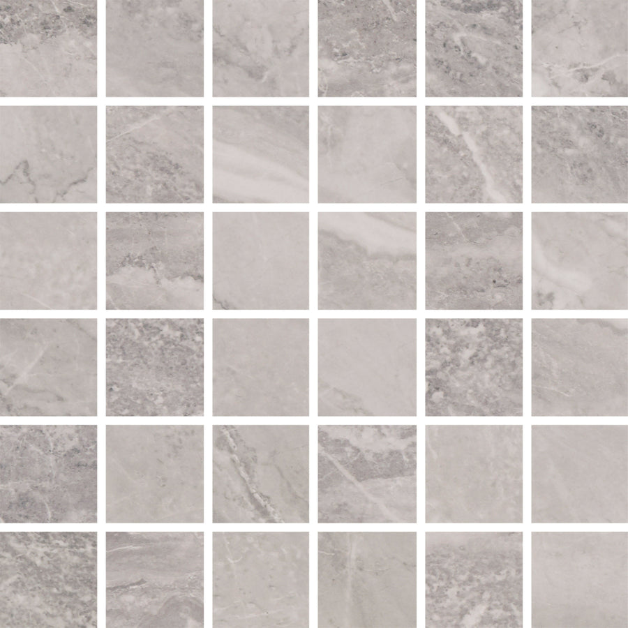 A grid of square Veil 2" x 2" Mosaic Tiles in Mystic Polished, featuring subtle marble-like veining and varied shades for a modern, textured look—ideal as a luxury accent wall tile.