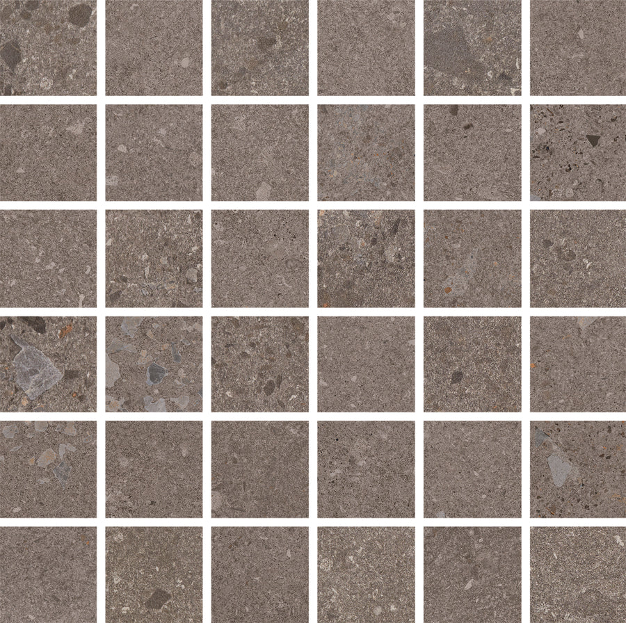 A grid of Strata 2" x 2" Mosaic Tile in Earthen color, each square tile showing unique natural patterns and subtle color variations with white grout lines—ideal for creating stunning, elegant feature floors.
