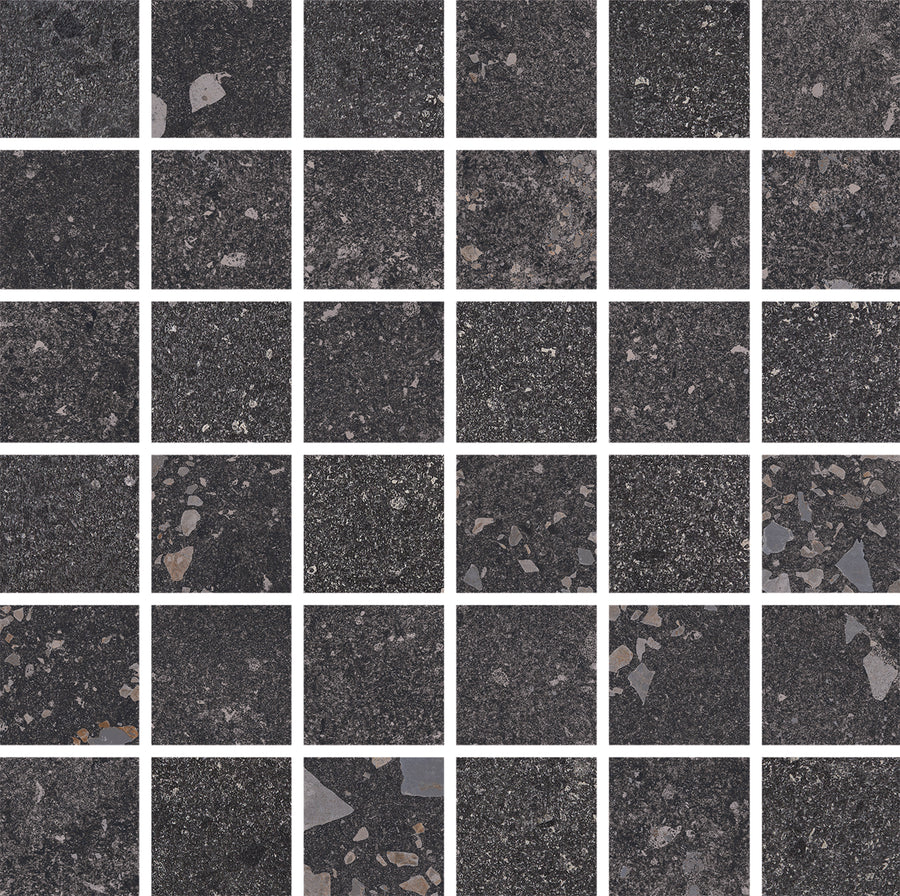The Strata 2" x 2" Mosaic Tile in Ember features dark, speckled square tiles with white grout lines, offering geometric elegance—ideal for accent walls or as a striking mosaic tile detail.