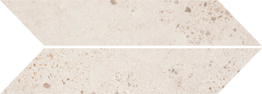 Two Strata Chevron Tiles in Lava White, each parallelogram-shaped with a terrazzo pattern, are placed horizontally to form a right-pointing chevron arrow.