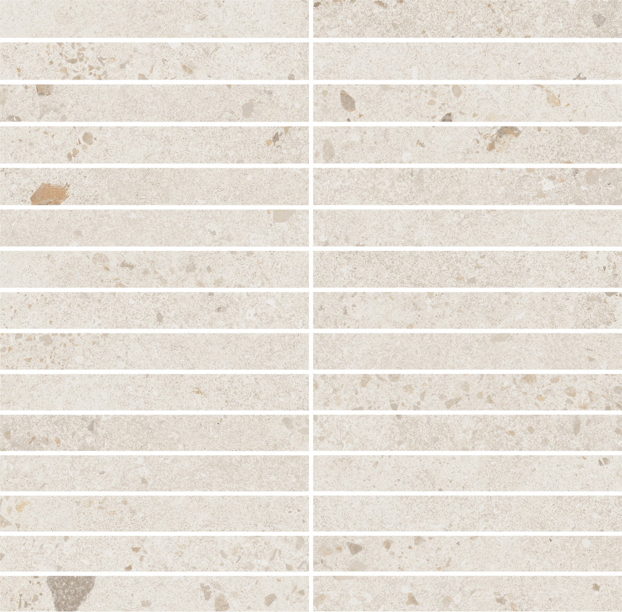 A close-up of Strata Kit Kat Mosaic Tile in Lava White shows light beige tiles with narrow white grout, a grid layout, and subtle brown and gray specks plus natural stone texture.
