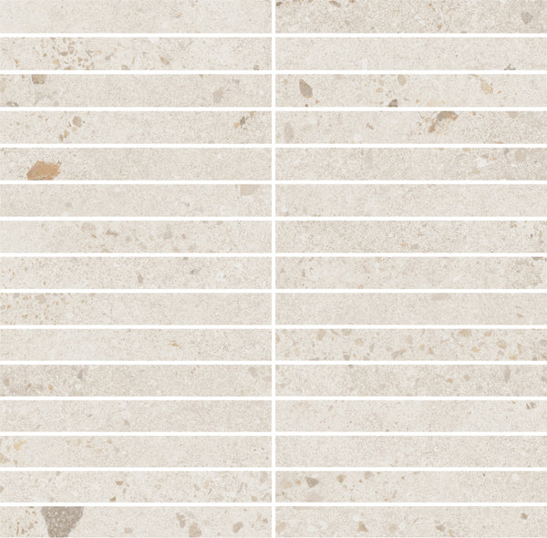 A close-up of Strata Kit Kat Mosaic Tile in Lava White shows light beige tiles with narrow white grout, a grid layout, and subtle brown and gray specks plus natural stone texture.
