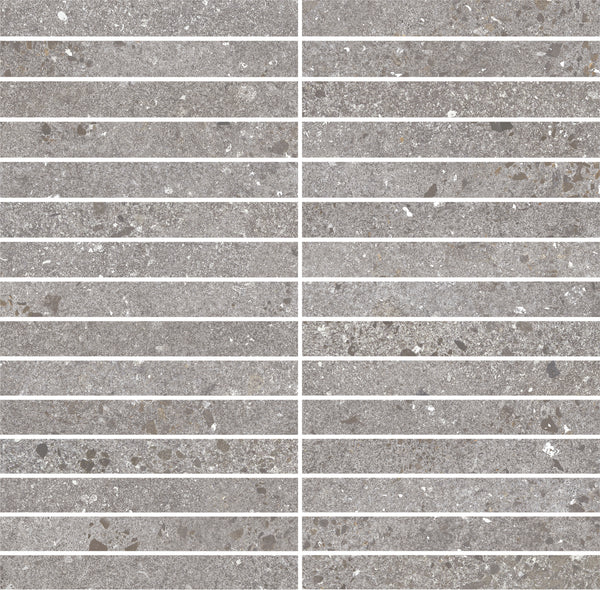The Strata Kit Kat Mosaic Tile in Cinder features gray rectangular tiles with a speckled stone texture, arranged horizontally with thin white grout lines and a vertical grout line that creates a subtle striped pattern.
