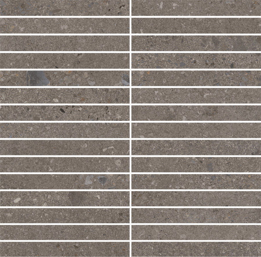 The Strata Kit Kat Mosaic Tile in Earthen features a grid of brownish-gray tiles with white grout, staggered rows, vertical gaps for a striped look, and a natural stone texture accented by small stones and specks.