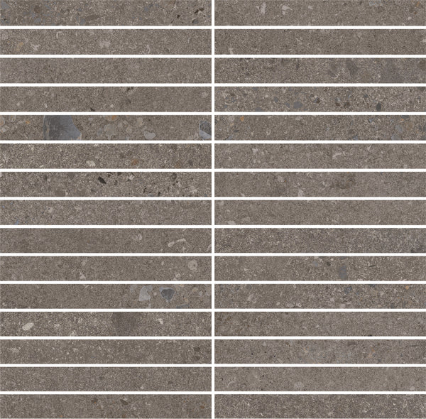 The Strata Kit Kat Mosaic Tile in Earthen features a grid of brownish-gray tiles with white grout, staggered rows, vertical gaps for a striped look, and a natural stone texture accented by small stones and specks.