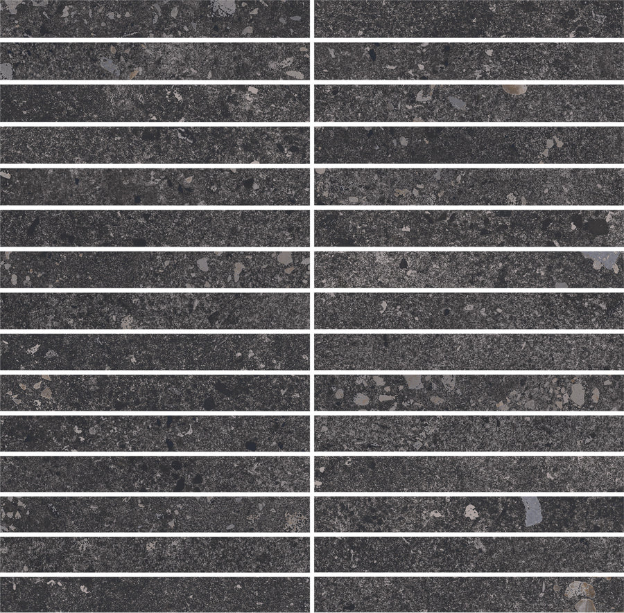 Sixteen Strata Kit Kat Mosaic Tiles in Ember, arranged in two columns and eight rows, feature dark, durable surfaces with light gray and beige speckles, separated by thin white lines.
