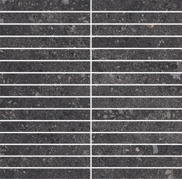 Sixteen Strata Kit Kat Mosaic Tiles in Ember, arranged in two columns and eight rows, feature dark, durable surfaces with light gray and beige speckles, separated by thin white lines.