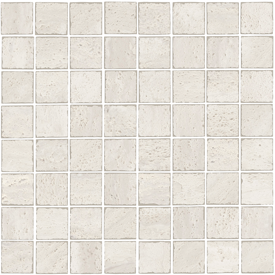 Dynasty Tumbled 12" x 12" Mosaic Tile features a grid of white, slightly textured squares with thin grout lines, creating a clean and uniform look—perfect for backsplashes.