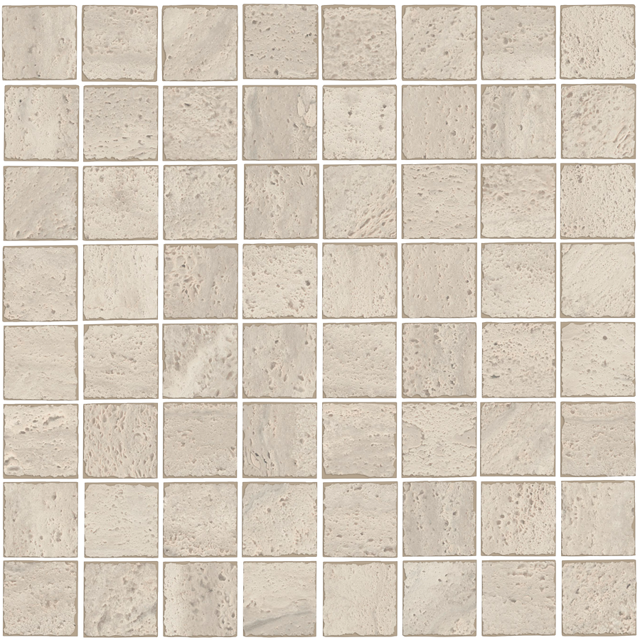 A grid of Dynasty Tumbled 12" x 12" Mosaic Tiles in Ivory features textured, stone-like surfaces. The evenly spaced tiles with thin grout lines create a uniform, orderly backsplash pattern.
