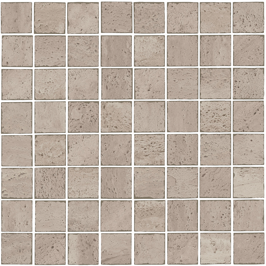 The Dynasty Tumbled 12" x 12" Mosaic Tile in taupe features a grid of square tiles with a textured, slightly rough surface and thin white grout lines—ideal as a backsplash tile for achieving timeless style.