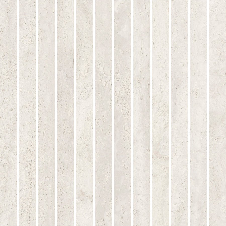 Dynasty Bands 12" x 12" Mosaic Tile in White Natural features vertically arranged tiles with thin white grout lines, creating a clean, modern textured look—ideal for accent walls.
