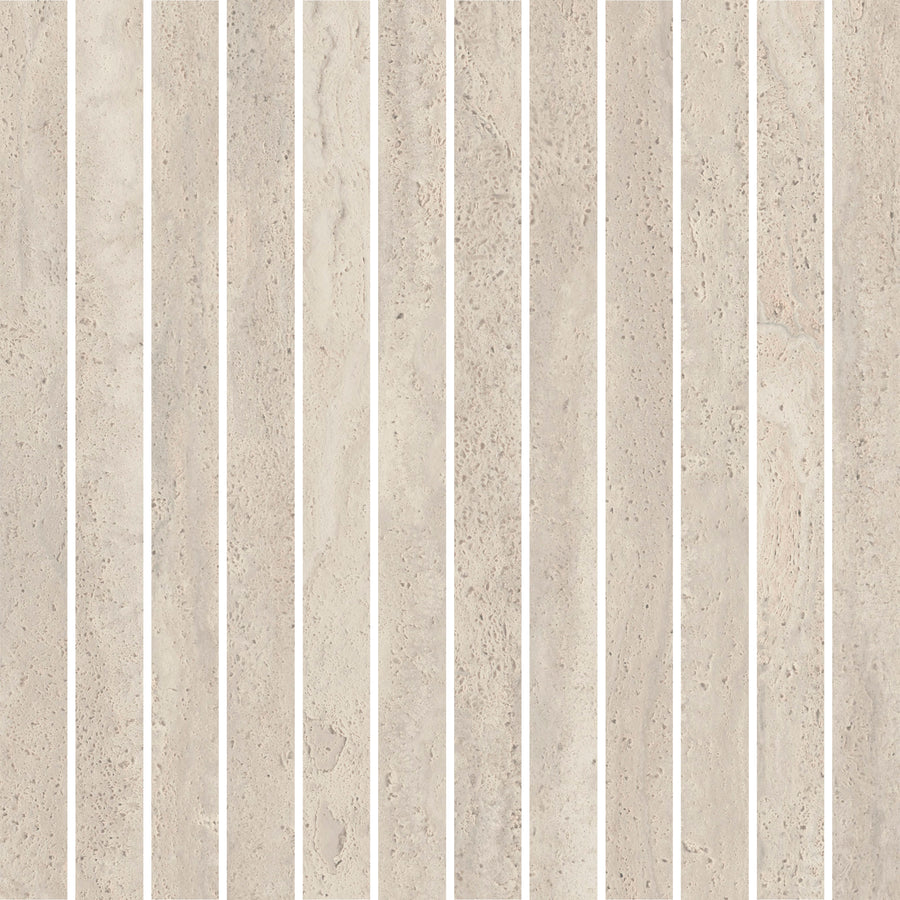 Dynasty Bands 12" x 12" Mosaic Tile in Ivory Natural features a subtle stone texture and is arranged in vertical columns with white grout lines, creating a clean, modern look for any space.