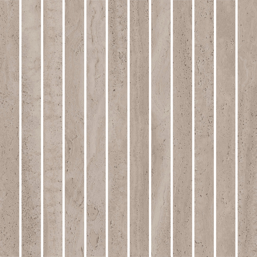 Dynasty Bands 12" x 12" Mosaic Tile in Taupe Natural has vertical bands and thin white grout lines for a striped look. Each tile features natural variations and textures, adding depth and character to accent walls.